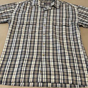 Plaid short sleeve shirt> goes well with Khakis.